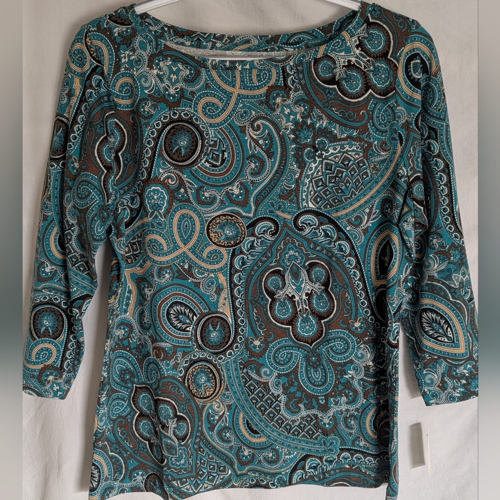 Talbots New Cotton Spandex Casual Top Size PL 3/4 Sleeves Boat Neck